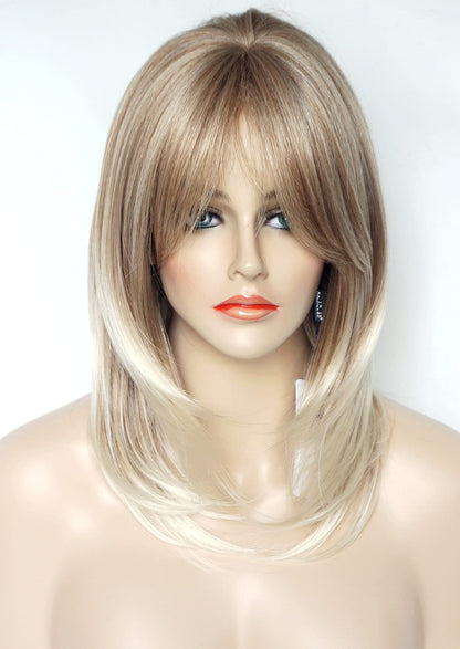 Medium Length Layered Golden Blonde Wigs with dark roots Highlights wigs Layered wig with bangs Synthetic wig Highlight for white Women (Golden blonde)