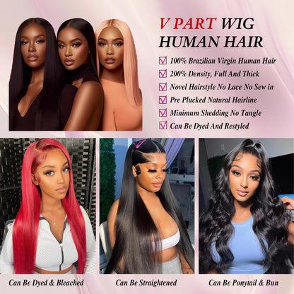 V Part Wig Human Hair Straight Human Hair Wigs Upgrade U Part Human Hair Wig for Women No Leave Out No Sew In 200% Density Natural Color 18 Inch