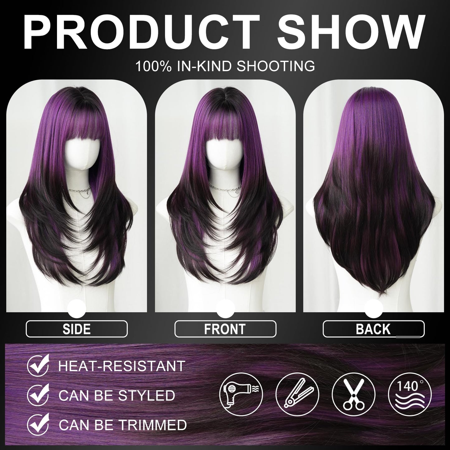 7JHH WIGS Long Straight Purple Synthetic Wig with Bangs 25inch Layered Hair Tail Dye Black Heart Resistant Synthetic Fiber Natural Looking Wigs for Women Party Cospaly and Daily Used