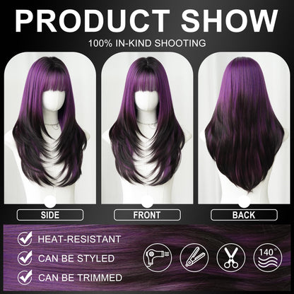 7JHH WIGS Long Straight Purple Synthetic Wig with Bangs 25inch Layered Hair Tail Dye Black Heart Resistant Synthetic Fiber Natural Looking Wigs for Women Party Cospaly and Daily Used