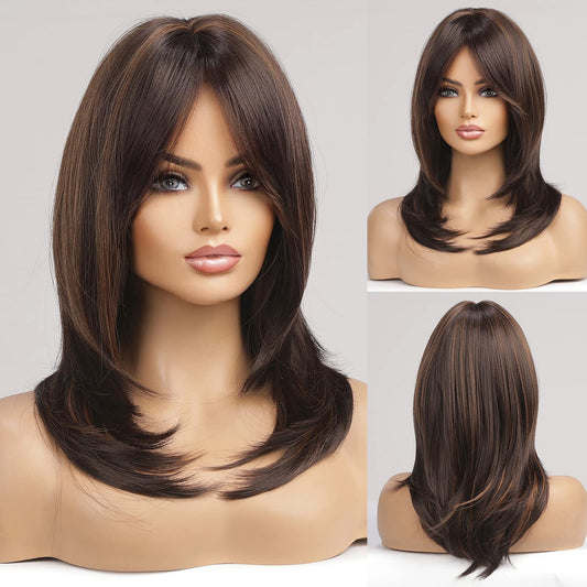 Alanhair Brown with Blonde Highlight Wigs for Women,Shoulder-Length Wig with Bangs Synthetic Hair Layered Wigs Heat Resistant Fibre Natural and Realistic