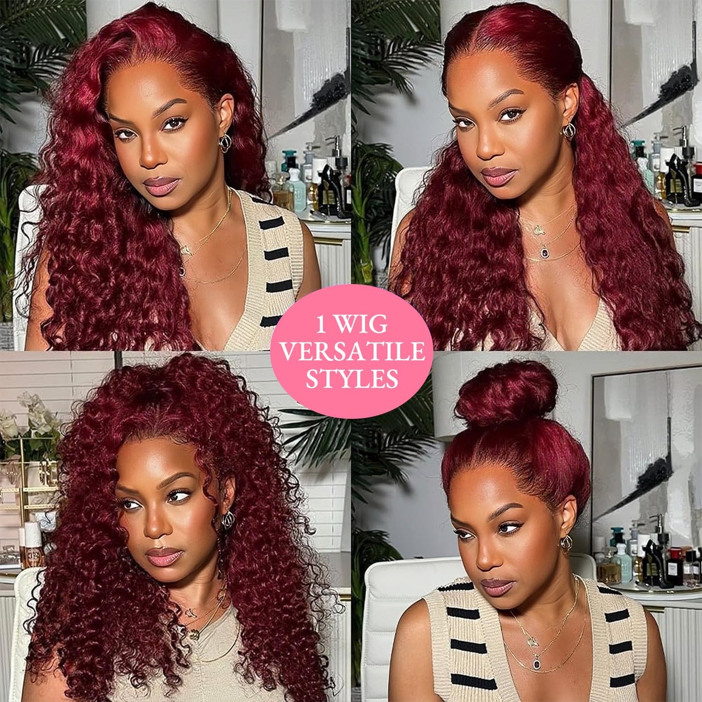 250 Density Hidden Strap Water Wave 360 99j Burgundy Glueless Wigs Human Hair Pre Plucked Pre Bleached Human Hair Wig With Drawstring Wet and Wavy HD Full Lace Front Wigs Human Hair 22 Inch