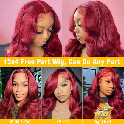 BXW Wear and Go Glueless Wig, 13x4 Burgundy Body Wave Human Hair, 180% Density, 28 Inch