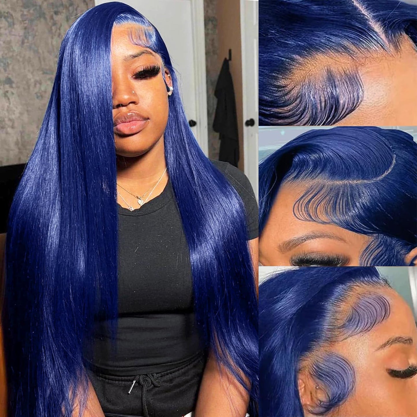Blue Lace Front Wigs Human Hair for Black Women Dark Blue 13x4 Straight HD Lace Front Wig Human Hair Pre Plucked with Baby Hair 180% Density Glueless Straight Wig 24 Inch