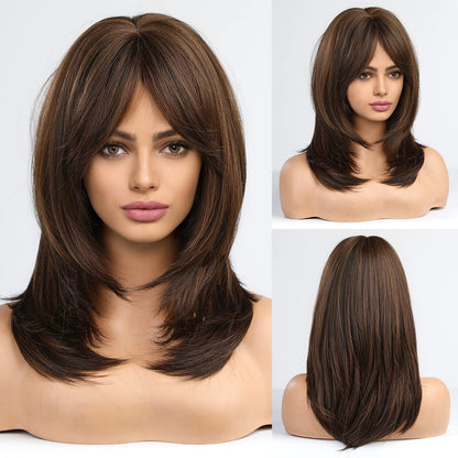 Alanhair Brown Wigs for Women,HAIRCUBE Long Layered Wigs with Bangs Heat Resistant Synthetic Fibre Wigs