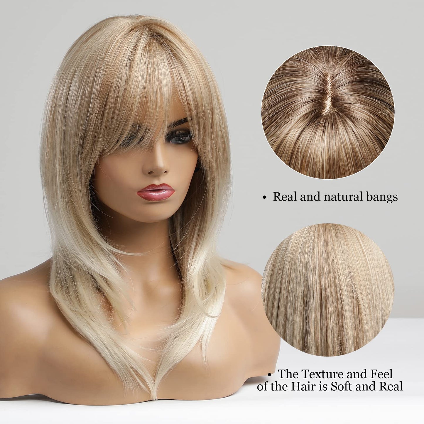 Alanhair Blonde Wigs for Women Shoulder-Length wig with Bangs,HAIRCUBE Synthetic Hair Layered Wigs Heat Resistant Fibre for Daily Party Use