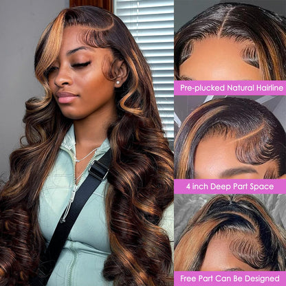 Vemalin Ombre Lace Front Wig Human Hair Highlight Body Wave Lace Front Wigs Human Hair Pre Plucked 13x4 Transparent Lace Frontal Wig 200 Density Glueless 1B/30 Highlighted Wigs 20 Inch