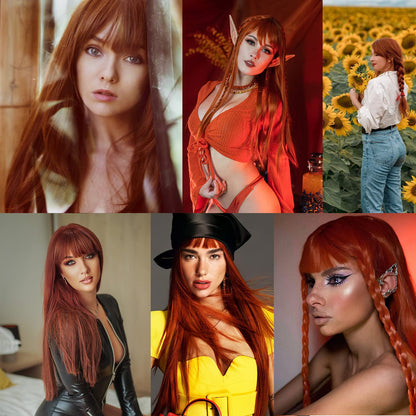 ENTRANCED STYLES Auburn Wigs for Women Long Straight Wig with Bangs Reddish Brown Wig Colored Cosplay Wig Heat Resistant Synthetic Copper Red Wig for Daily Party Use 22 Inch