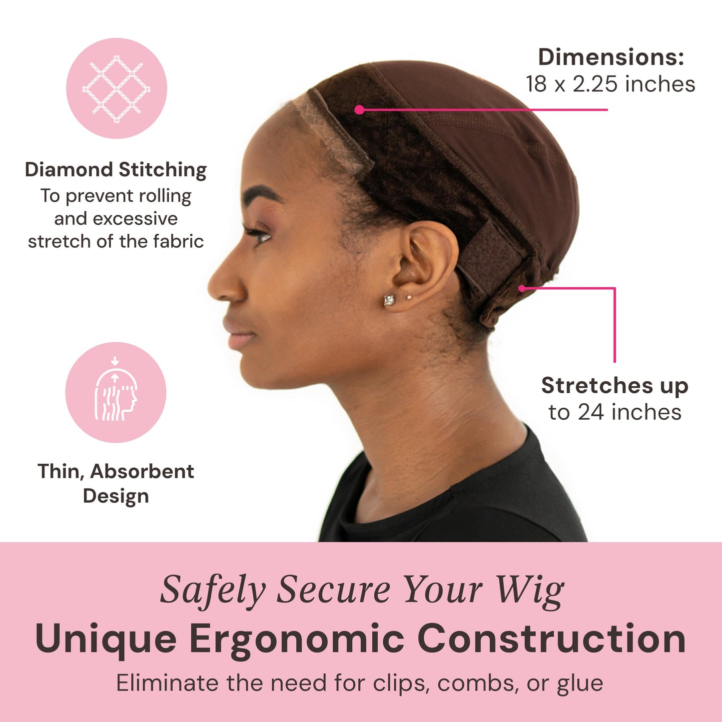 MILANO COLLECTION Lace Wig Grip Cap for Women, Adjustable Wig Caps for Women Non Slip with Headband to Secure Lace Top Perfectly in Place, One Size Fits All, Chocolate Brown & Nude, 2 Pack