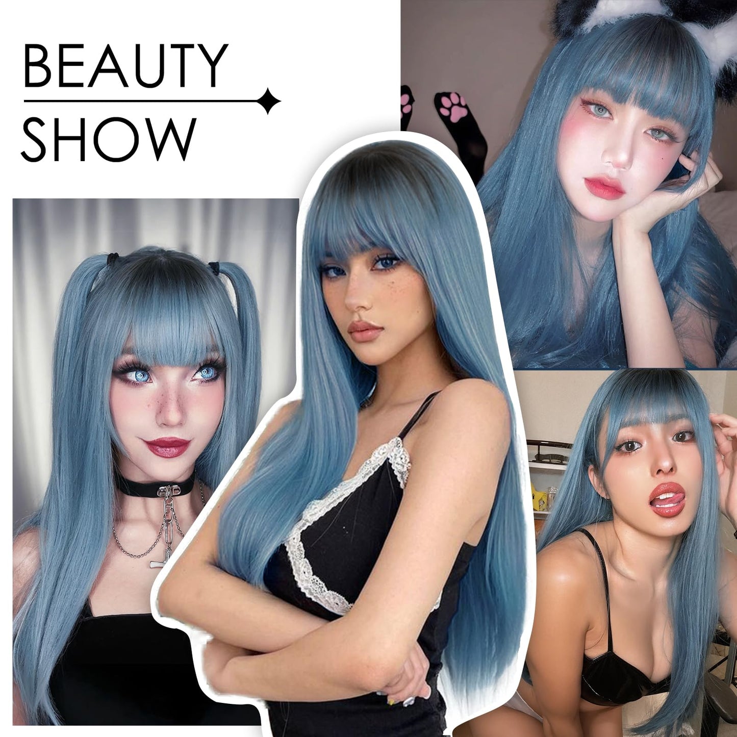 ENTRANCED STYLES Ombre Blue Wig with Bangs Long Straight Mixed Blue Wigs for Women Cosplay Wigs for Girls Natural Hairline Heat Resistant Synthetic Wig for Cosplay Halloween Party Daily