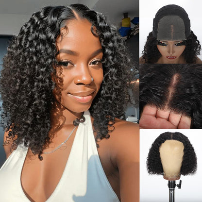 GIESWY Wear and Go Glueless Wigs Human Hair Pre Plucked Pre Cut for Black Women 4x4 Kinky Curly Bob Wig Human Hair Glueless 14 Inch 200% Density Natural Color