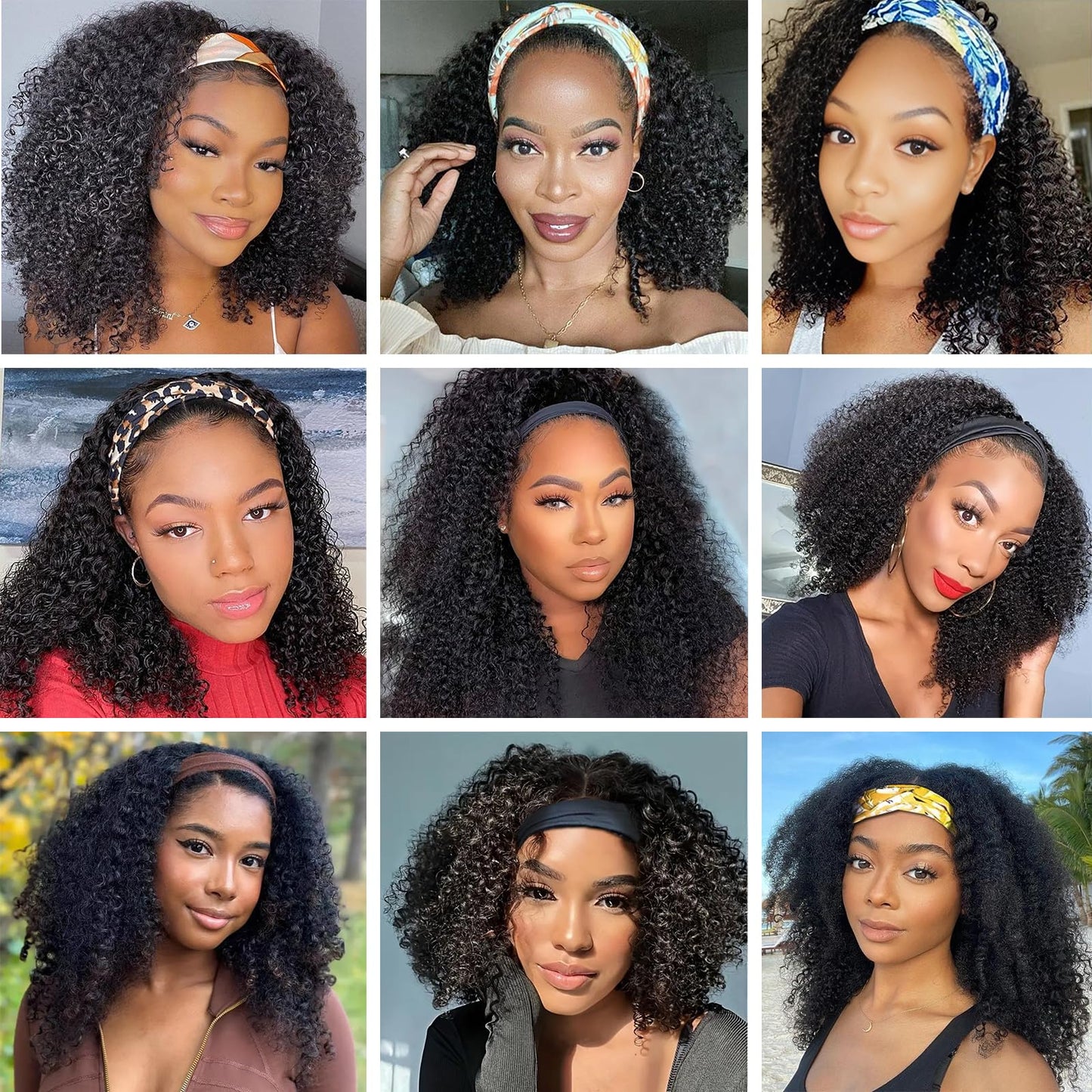 Headband Wig Human Hair Kinky Curly 14 inch Brazilian Remy Hair Curly None Lace Front Wigs Glueless Wigs Human Hair Curly for Black Women None Lace Front Machine Made Wigs Human Hair Natural Color