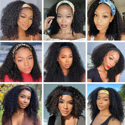Headband Wig Human Hair Kinky Curly 14 inch Brazilian Remy Hair Curly None Lace Front Wigs Glueless Wigs Human Hair Curly for Black Women None Lace Front Machine Made Wigs Human Hair Natural Color