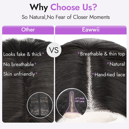 Eawwii Black Short Wavy Wig for Women Lace Hairline Bob Style Synthetic Heat Resistant - Natural Appearance for Everyday Hairstyle 14 Inch