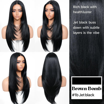 BrownBomb Black Wear and Go Glueless Wigs Pre Plucked Pre Cut for Beginners Long Layered Straight Synthetic Lace Front Wigs with bangs 26 Inch Natural 1B 3 Seconds to Wear for Beginners