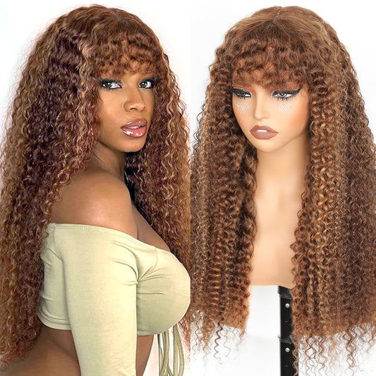 JuneMet Ombre Highlight Human Hair Wig with Bangs 2x4 HD Lace Front Closure Wear and Go Glueless Wigs with Bangs Curly Water Wave 4/27 Honey Blonde Brown Colored Human Hair for Black Women 16 Inch