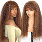 JuneMet Ombre Highlight Human Hair Wig with Bangs 2x4 HD Lace Front Closure Wear and Go Glueless Wigs with Bangs Curly Water Wave 4/27 Honey Blonde Brown Colored Human Hair for Black Women 16 Inch