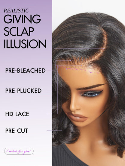LUVME HAIR 100% Human Hair Wigs Loose Wave Glueless Lace Front 14 Inches, Pre Cut Plucked Hd Lace Short Wig Ready To Go Natural Color Straight Bleached Knots Side Part Black Wigs