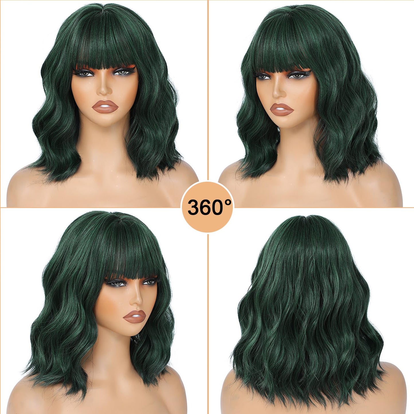 AGO Short Bob Wig with Bangs Dark Green Loose Wave Wigs Shoulder Length 14Inch for Women Colorful Costume Wig Heat Resistant Fiber Hair for Daily Party Halloween Cosplay Use(4/610#DarkGreen)