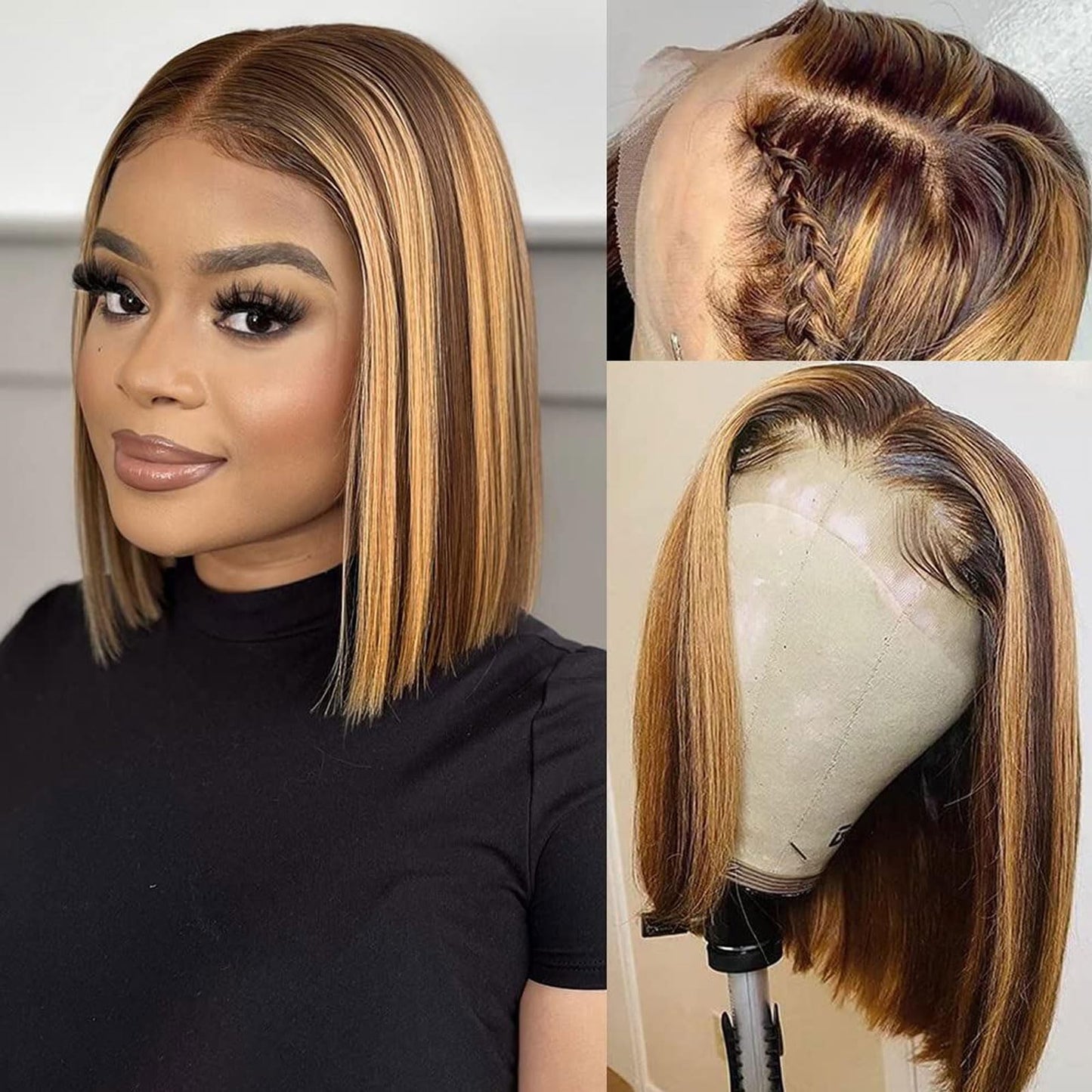 Ombre Highlight Bob Wig Human Hair 13x4 Lace Front Wigs P4/27 Colored Wigs 14 Inch Honey Blonde Bob Human Hair Wig 180 Density Glueless Short Human Hair Wigs for Women Pre Plucked With Baby Hair