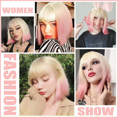 WERD Short Blonde Pink Bob Wig for Women Ombre Wig With Bangs Synthetic Straight Blonde mixed Pink Bob Hair for Daily Party Cosplay