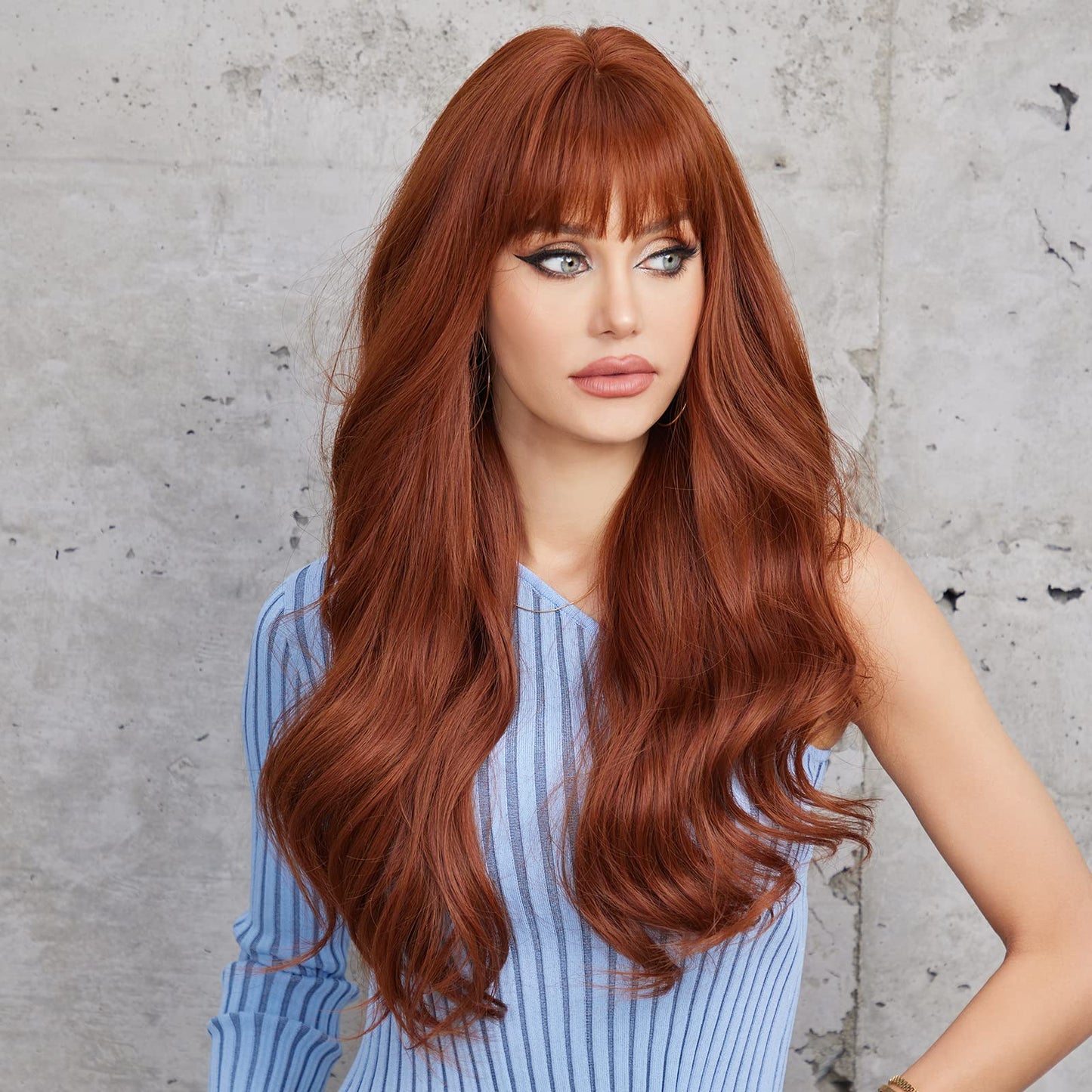 HAIRCUBE Auburn Wigs with Bangs Synthetic Women's Wig Long Wavy Layered Heat-Resistant Wig for Daily Use Natural and comfortable