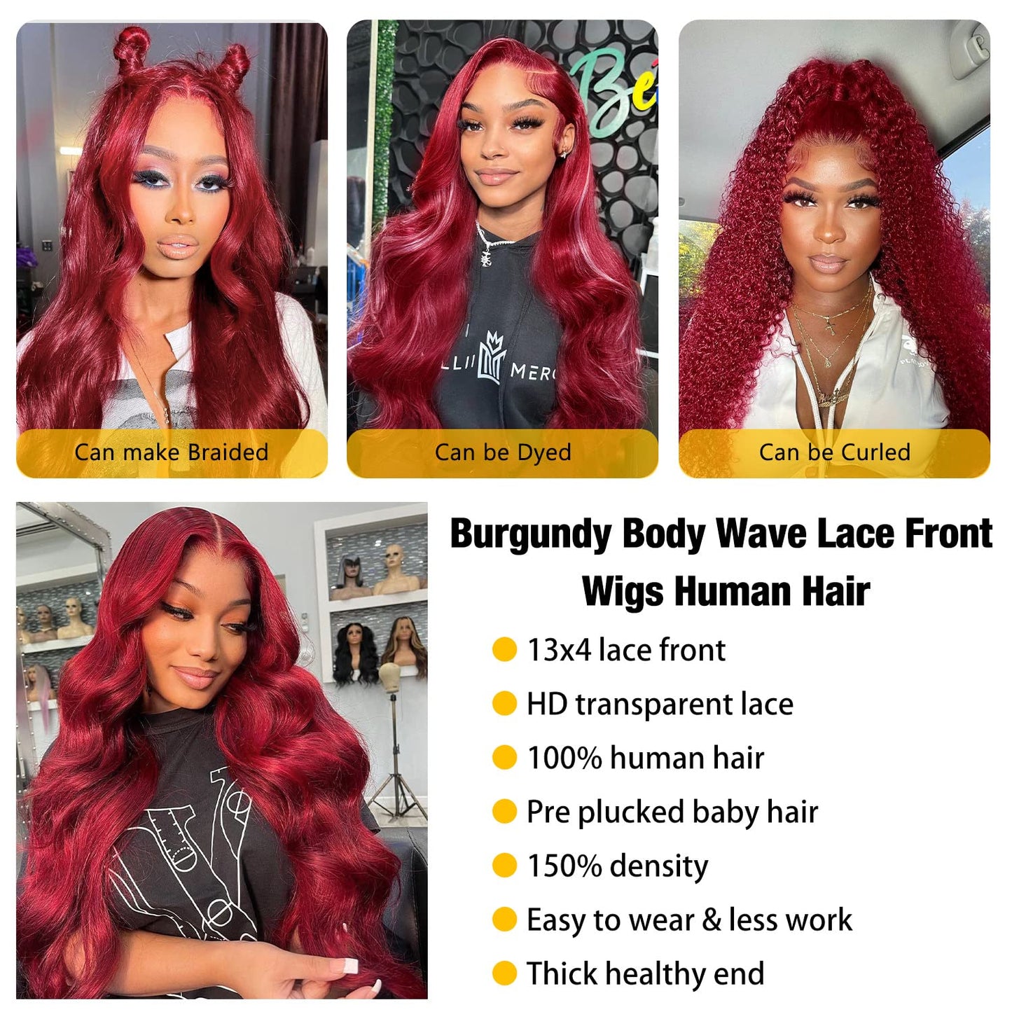 BXW Wear and Go Glueless Wig, 13x4 Burgundy Body Wave Human Hair, 180% Density, 28 Inch