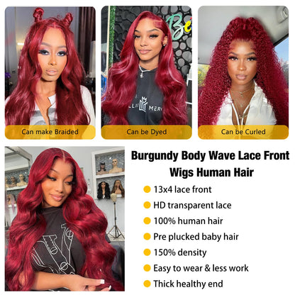 BXW Wear and Go Glueless Wig, 13x4 Burgundy Body Wave Human Hair, 180% Density, 28 Inch