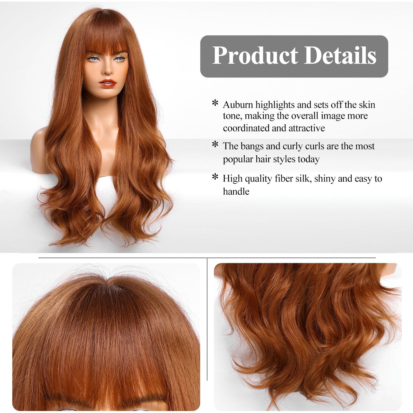 HAIRCUBE Auburn Wig with Bangs for Women Auburn Long Wavy Hair Wig Curly Wavy Synthetic Wigs for Girls Daily Party Use