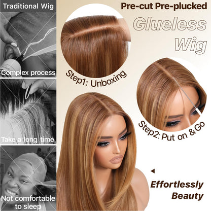 BrownBomb Wear and Go Glueless Wigs Pre Plucked Pre Cut for Beginners Honey Blonde Synthetic Lace Front Wigs For Woman Long layered straight Wigs with bangs 427 middle part wig 26 Inch