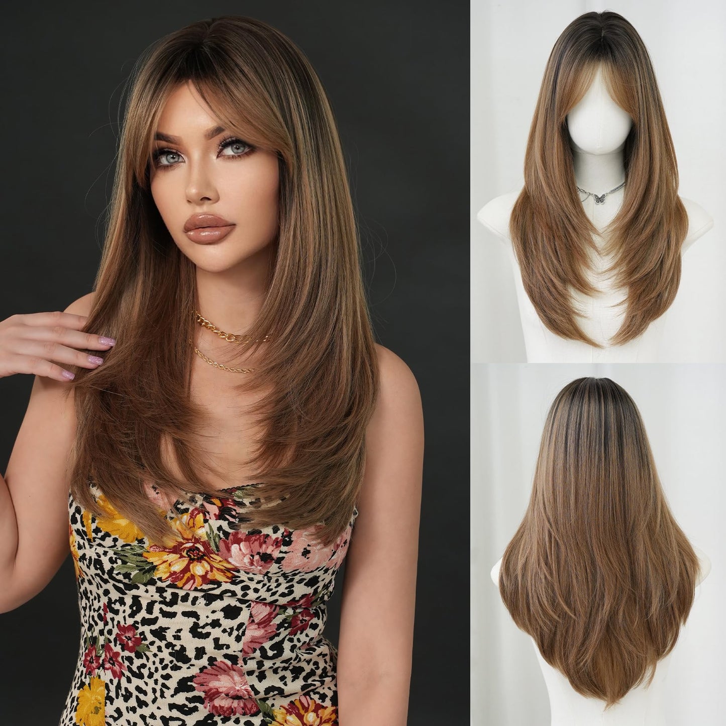 7JHH WIGS Long Blonde Brown Highlight Wig with Bangs for Women Heat Resistant Fiber 25 Inch Layered Synthetic Hair Wigs with Dark Roots for Daily Use