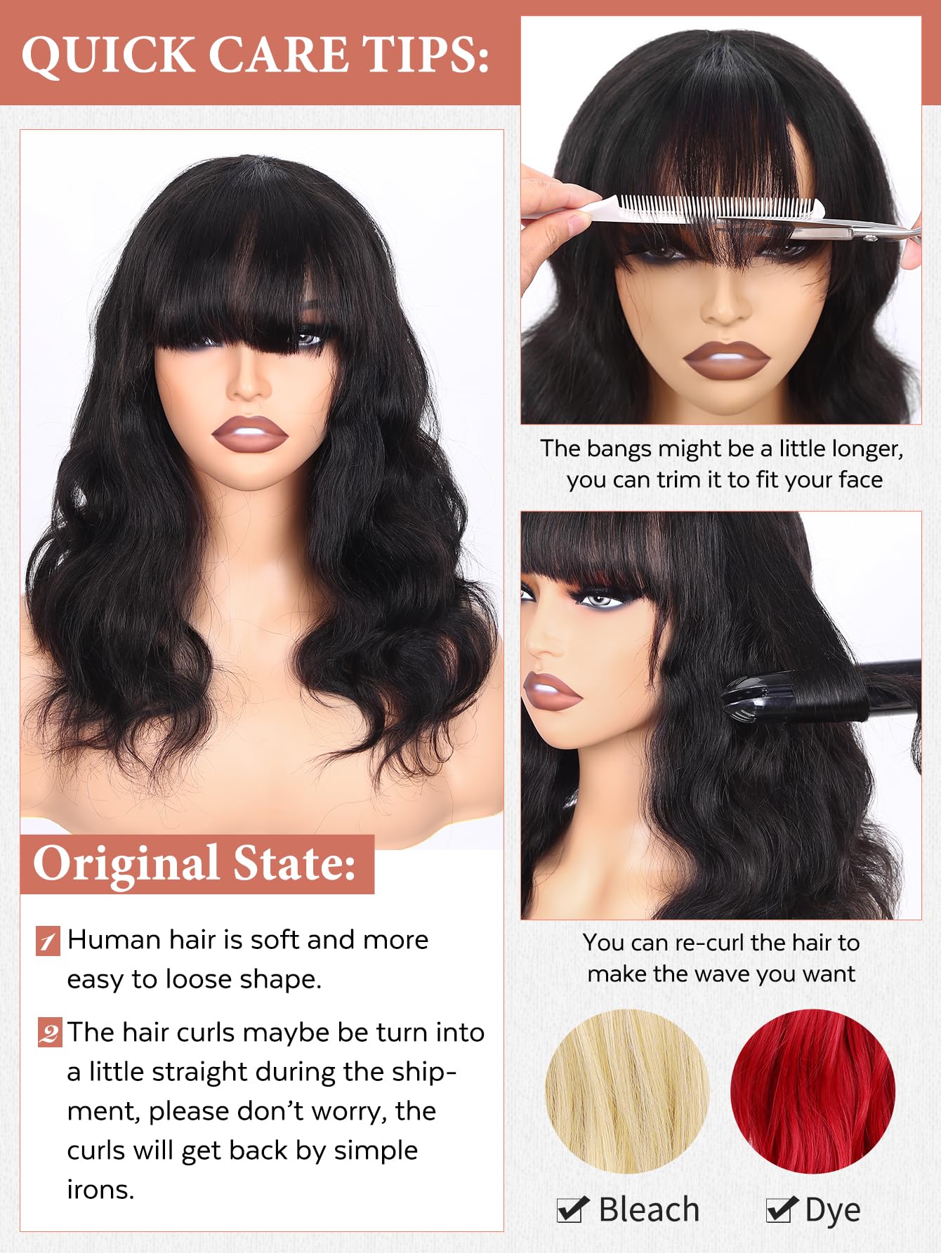 WIGNEE Natural Wave Wigs with Bangs 100% Brazilian Human Hair Wave Wigs Natural Black (18 Inch 1B)