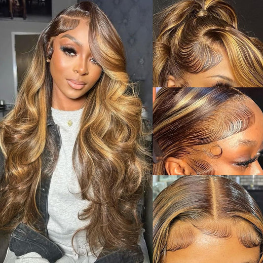studyy Highlight Ombre 360 Lace Front Wigs Human Hair Pre Plucked with Baby Hair Body Wave Balayage Honey Blonde HD 360 Full Lace Frontal Wigs for Women 24inch