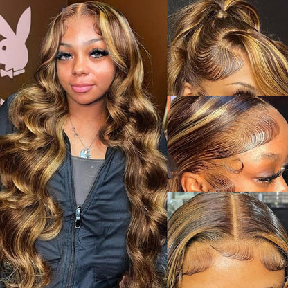 studyy 26 Inch Ombre Lace Front Wig Human Hair 180% Density 360 4/27 Highlight Lace Front Honey Blonde HD Lace Front Wig Body Wave Balayage Wig Human Hair Pre Plucked for Women