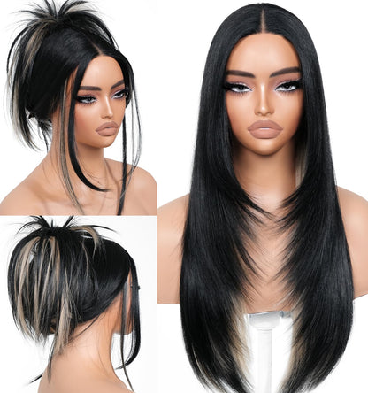 BrownBomb Black Blond Skunk Stripe Wear and Go Glueless Wigs Pre Plucked Pre Cut for Beginners Synthetic Lace Front Wigs With Bangs Long Straight layered Wigs Highlights 26 Inch 3 Seconds to Wear