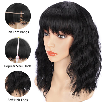 AISI HAIR Bob Curly Wig Synthetic Short Black Wig with Bangs Natural Looking Heat Resistant Fiber Hair for Women