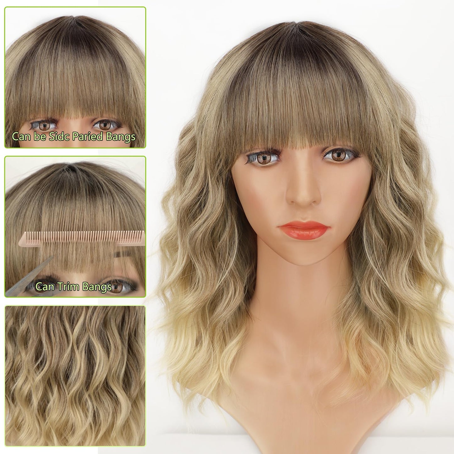 AISI HAIR Curly Bob Wig with Bangs Ombre Blonde Color Short Wavy Wigs for Women Bob Style Synthetic Heat Resistant Bob Wigs