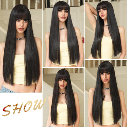 7JHH WIGS Long Straight Natural Black Wig with Bangs Heat Resistant Fiber Layered Synthetic Long Straight Wig for Cosplay Christmas Gifts Party Used