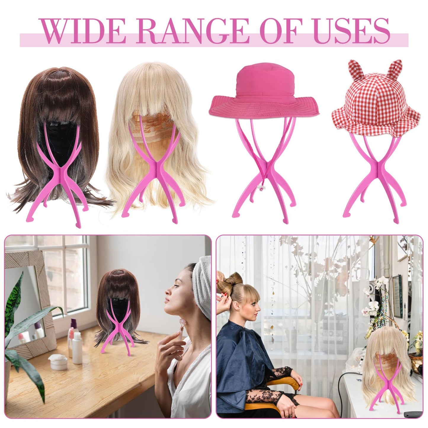 obeoby Wig Stand, Portable Wig Holder Wig Head Stand for All Wigs Travel Wig (pink(3pack))