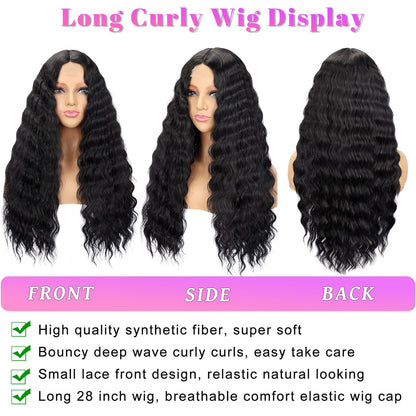 Mairead 28 Inch Long Curly Synthetic Lace Front Wigs for Black Women Loose Deep Wave Black Synthetic Wig Middle Part 4" Simulated Scalp Small Lace Front Wigs Natural Looking Crimps Curls Wig