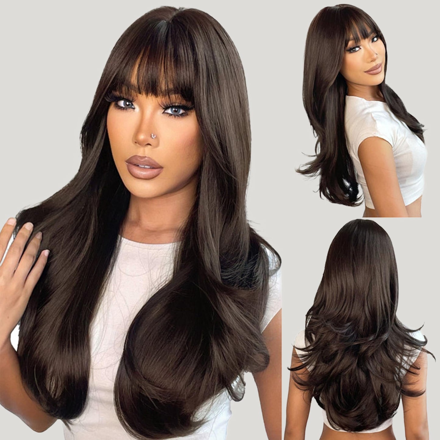 N NAYASA Dark Brown Wig with Bangs Brown Wigs for Women 24’’ Long Wavy Layered Synthetic Natural Looking Wigs for Daily Party Use