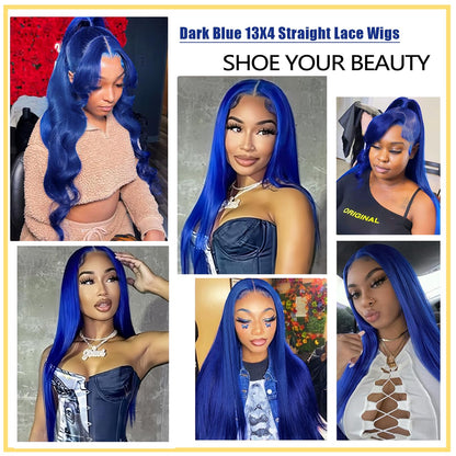 Blue Lace Front Wigs Human Hair for Black Women Dark Blue 13x4 Straight HD Lace Front Wig Human Hair Pre Plucked with Baby Hair 180% Density Glueless Straight Wig 24 Inch