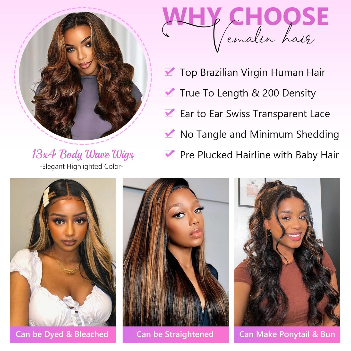 Vemalin 28 Inch Ombre Lace Front Wig Human Hair 1B/30 Highlight Body Wave Lace Front Wigs Human Hair Colored 13x4 Brown Wig 200 Density Balayage Glueless HD Lace Frontal Wigs