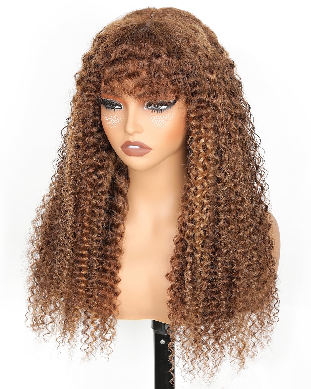 JuneMet Ombre Highlight Human Hair Wig with Bangs 2x4 HD Lace Front Closure Wear and Go Glueless Wigs with Bangs Curly Water Wave 4/27 Honey Blonde Brown Colored Human Hair for Black Women 16 Inch
