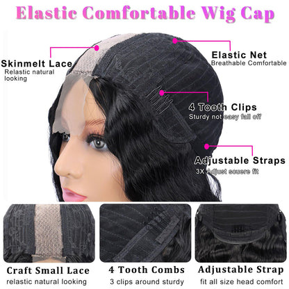 Mairead 28 Inch Long Curly Synthetic Lace Front Wigs for Black Women Loose Deep Wave Black Synthetic Wig Middle Part 4" Simulated Scalp Small Lace Front Wigs Natural Looking Crimps Curls Wig