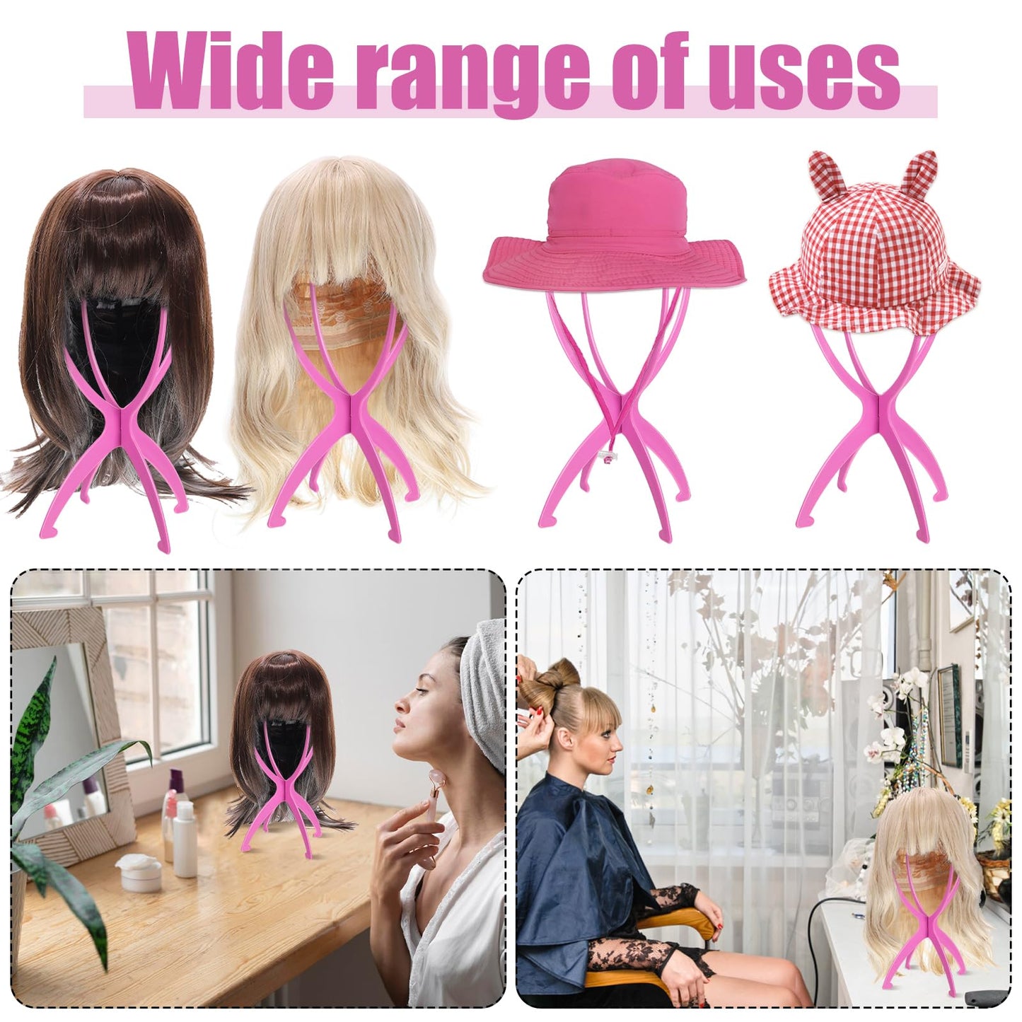 obeoby Wig Stand, Portable Wig Holder Wig Head Stand for All Wigs Travel Wig (pink (2pack))