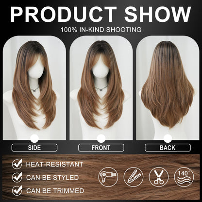 7JHH WIGS Long Blonde Brown Highlight Wig with Bangs for Women Heat Resistant Fiber 25 Inch Layered Synthetic Hair Wigs with Dark Roots for Daily Use