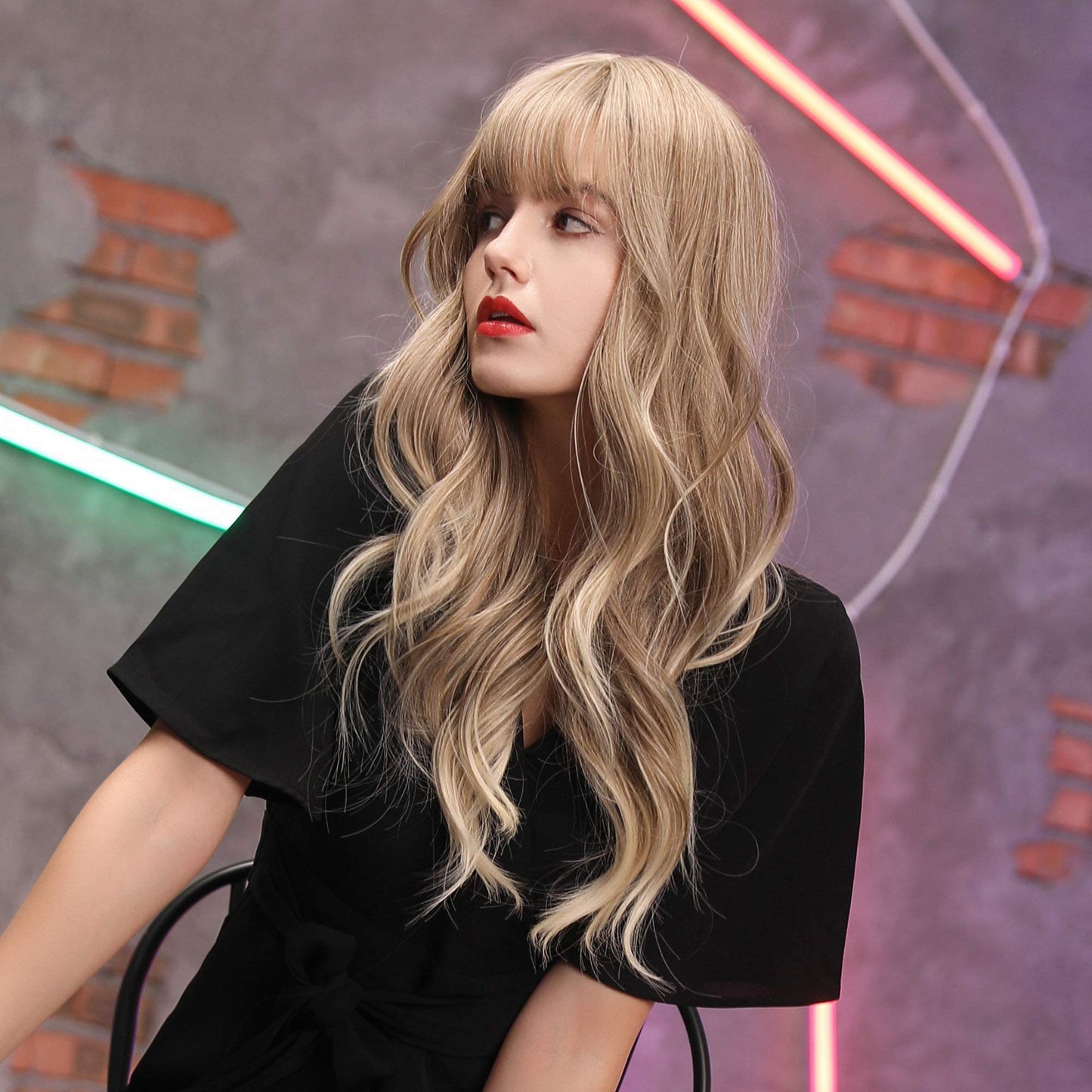 HAIRCUBE 24 Inch Ash Blonde Wig Long Curly Wigs for Women Heat Resistant Synthetic Wigs for White Women with Bangs Gray