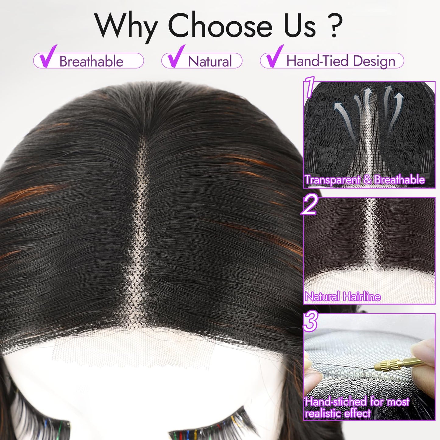 Eawwii Black Mix Brown Short Wavy Wig for Women Lace Hairline Bob Style Synthetic Heat Resistant - Natural Appearance for Everyday Hairstyle 14 Inch