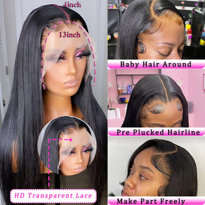 Straight Lace Front Wigs Human Hair 13x4 HD Transparent Lace Front Wigs for Black Women Glueless Brazilian Virgin Hair Lace Frontal Wig 180% Density Pre Plucked with Baby Hair Hairline